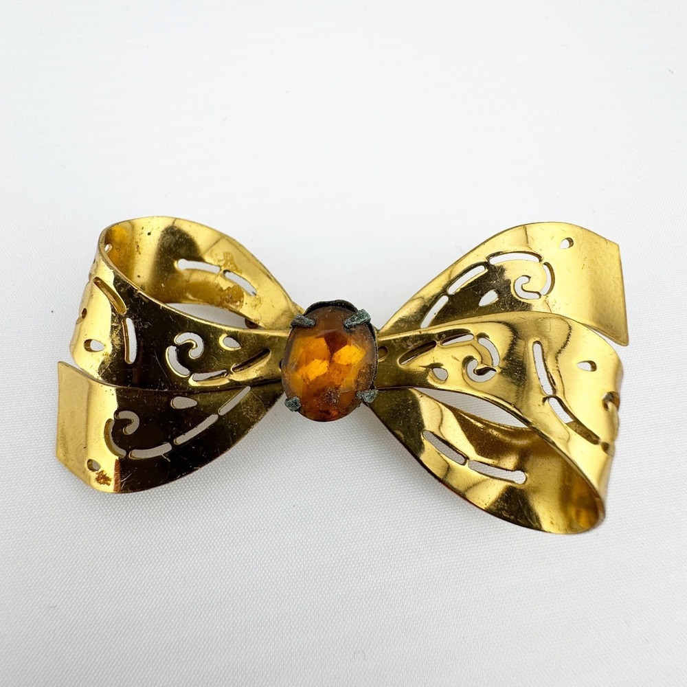 Vintage Coro Gold Tone Filigree Bow Brooch Pin Amber Rhinestone Center